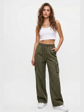 WHITE FOX Wide Leg High Waist Cotton Cargo Pants Dark Olive Cool Girl Y2K XS
